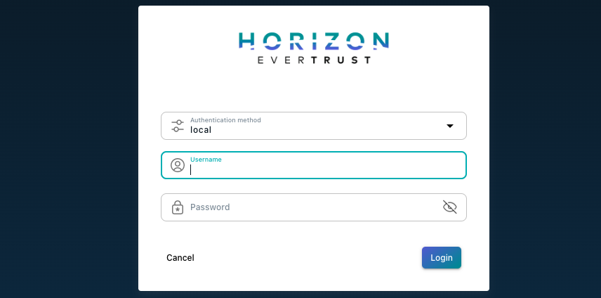 Horizon Configuration Login Screen