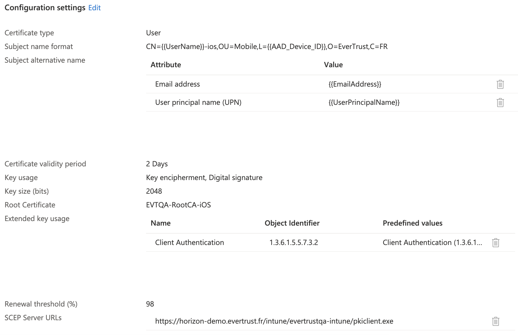 Sample Intune SCEP Profile configuration