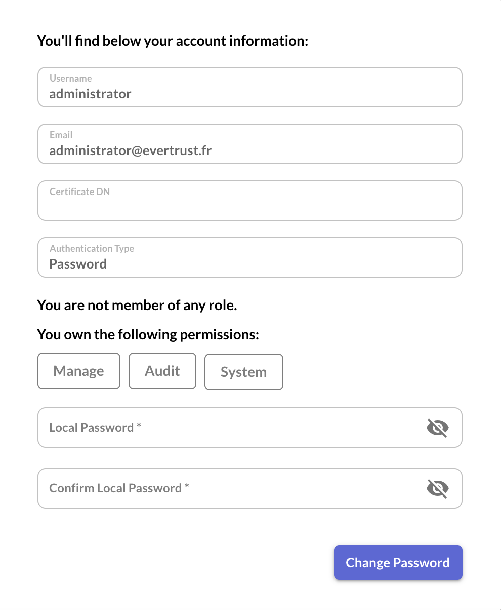 Administrator profile information Page